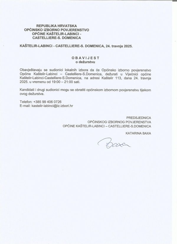 IZBORI 2025 - OBAVIJEST O DEŽURSTVU